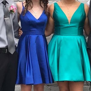 Royal blue, satin, V-neck homecoming dress
